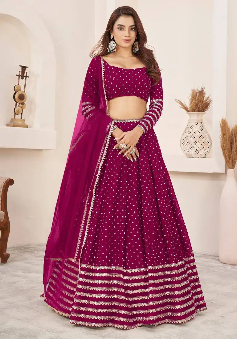 Pink sequins zari embroidered georgette semi stitched lehenga