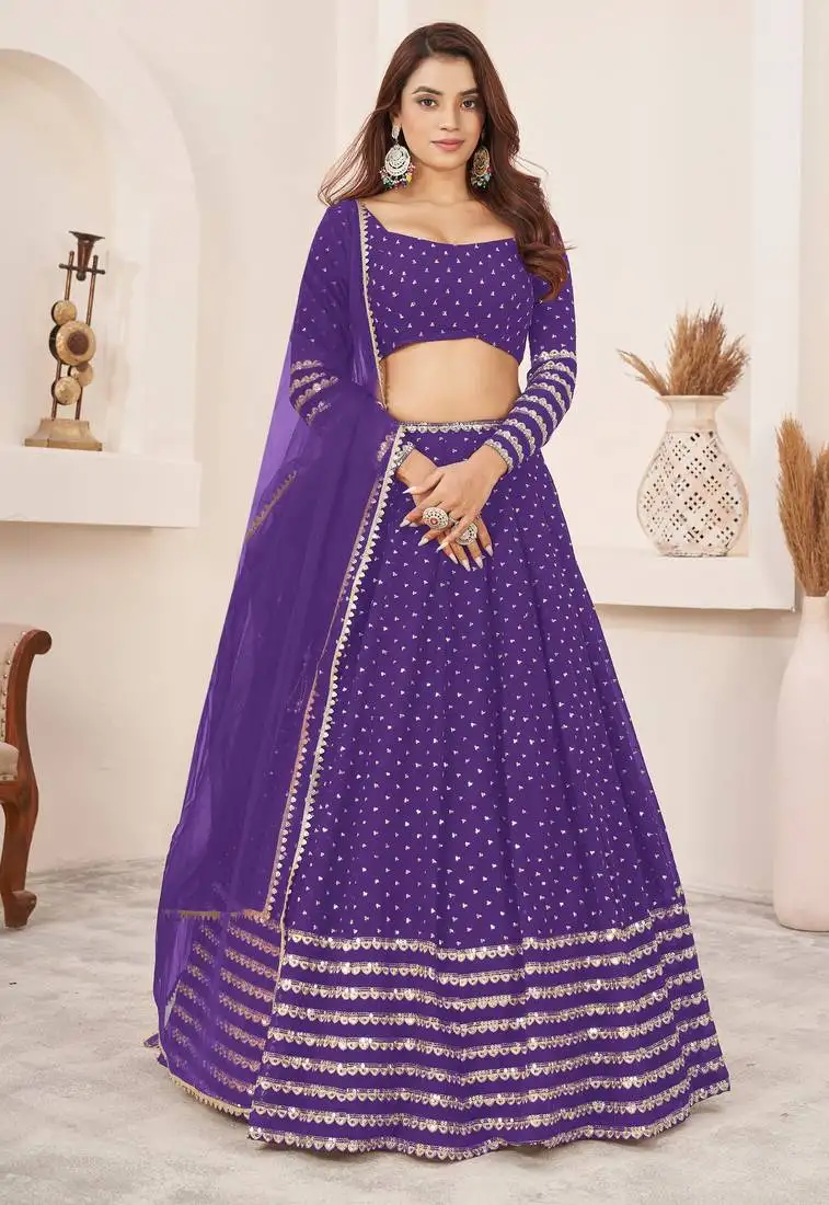 Violet sequins zari embroidered georgette semi stitched lehenga