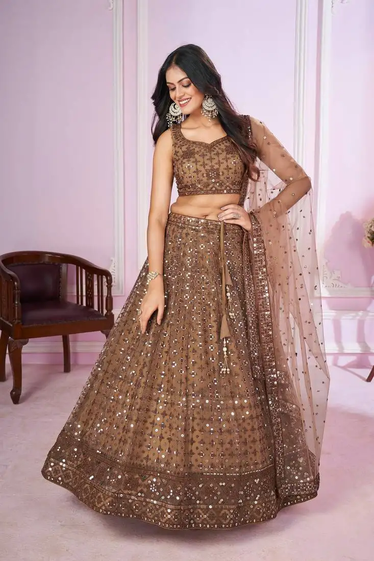 Brown sequins thread zari embroidered soft net semi stitched lehenga choli
