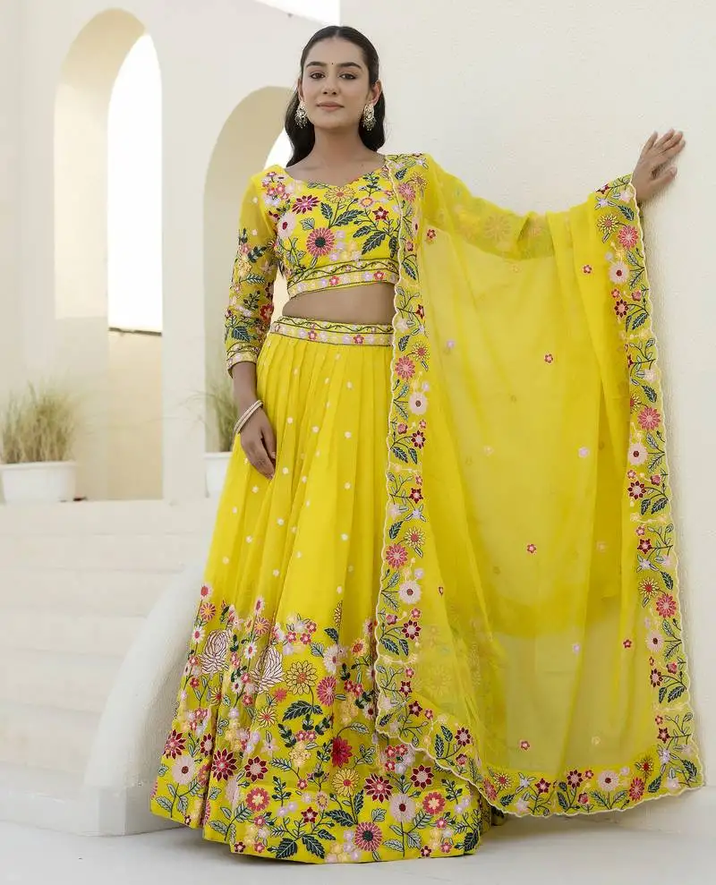 Yellow thread sequins embroiderey organza semi stitched lehenga