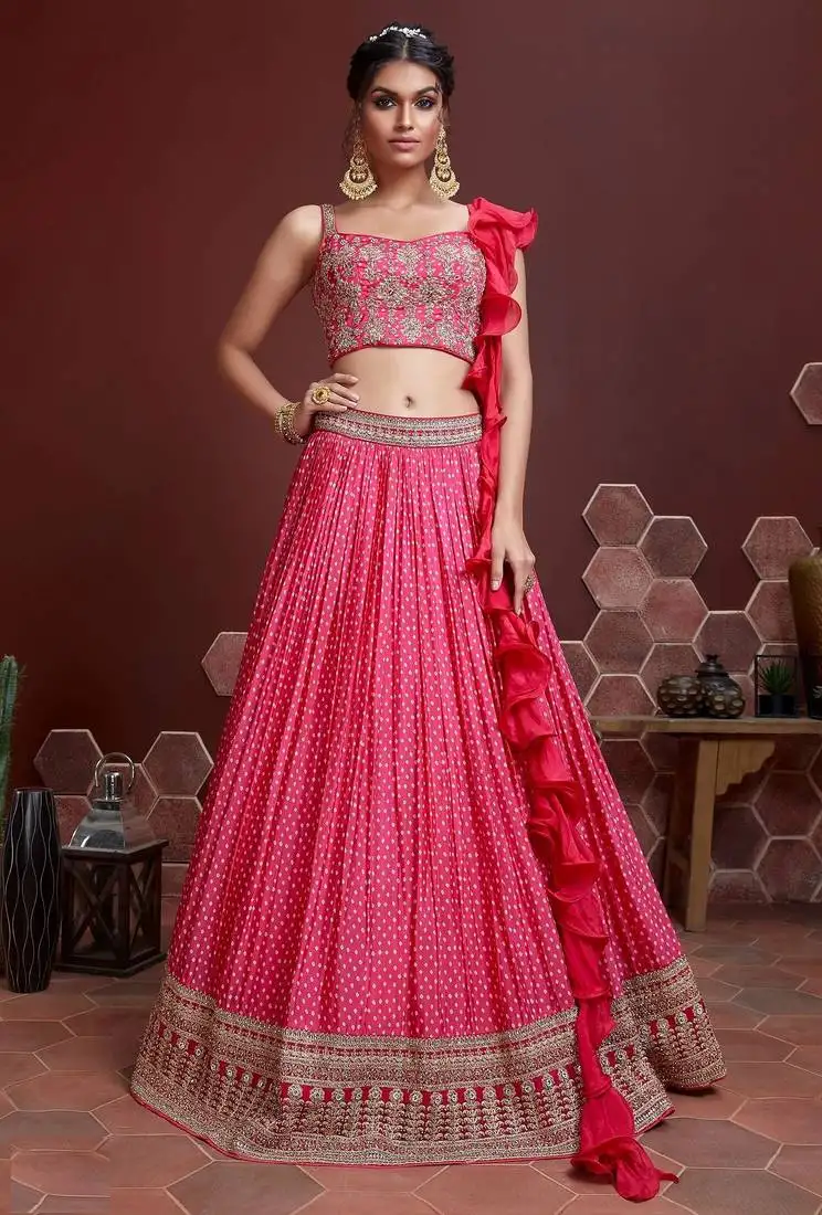 Pink digital print embroidery chinnon silk semi stitched lehenga