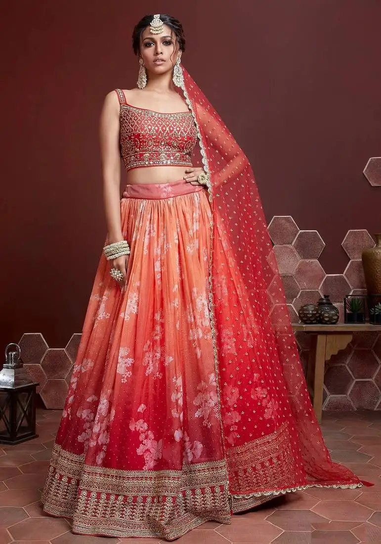 Orange digital print mirror embroidery organza silk semi stitched lehenga