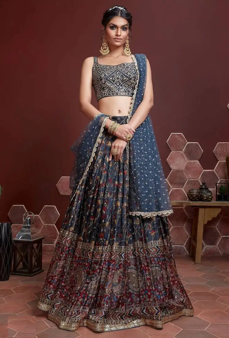 Blue digital print mirror embroidery chinnon silk semi stitched lehenga