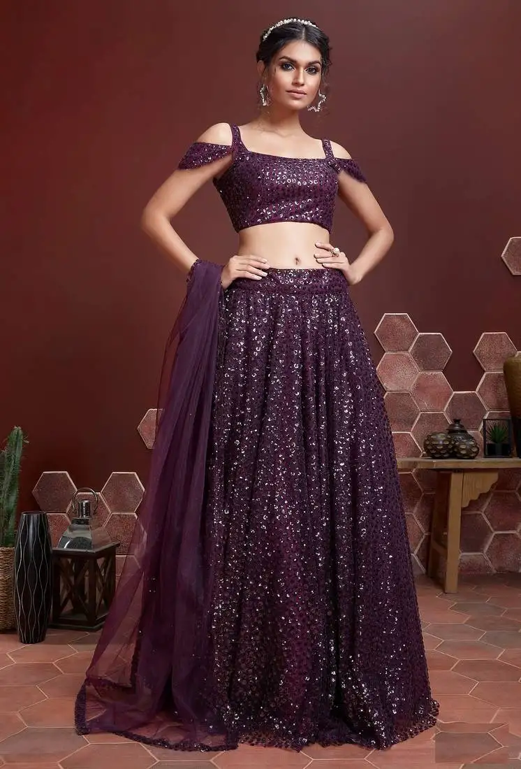 Purple sequins embroidery soft net semi stitched lehenga