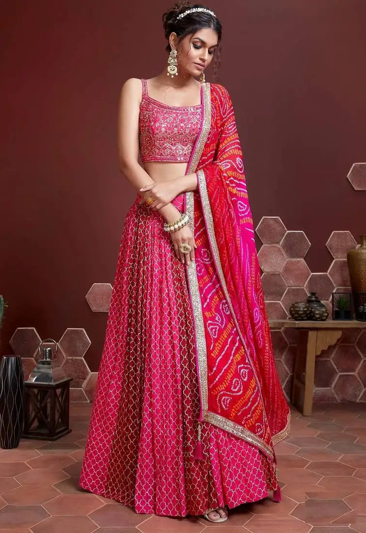 Pink digital print sequins mirror embroidery chinnon silk lehenga choli