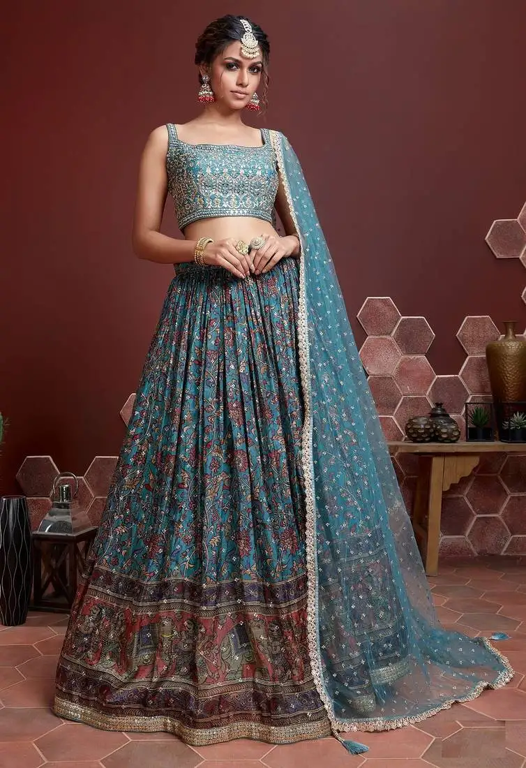 Sky blue digital print mirror embroidery chinnon silk lehenga choli
