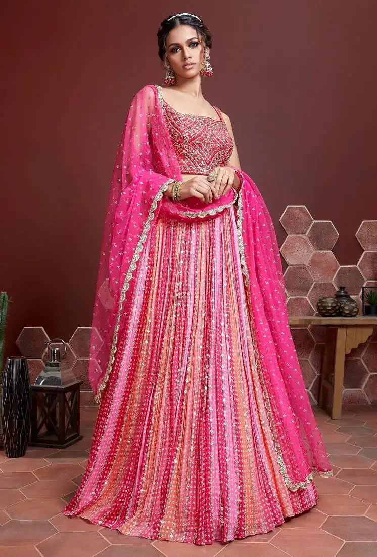Pink digital print mirror embroidery chinnon silk lehenga choli