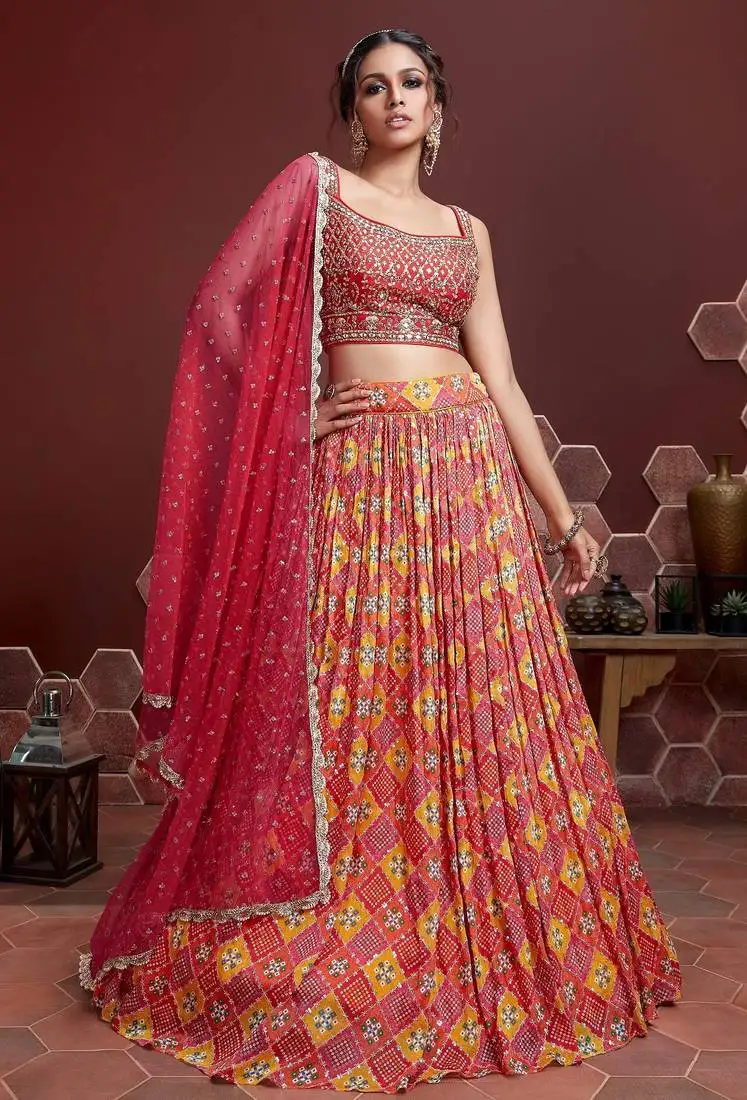 Red digital print mirror embroidery chinnon silk lehenga choli