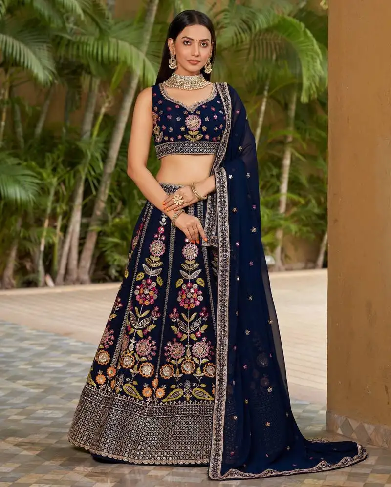 Navy blue sequins thread zari embroidered georgette semi stitched lehenga