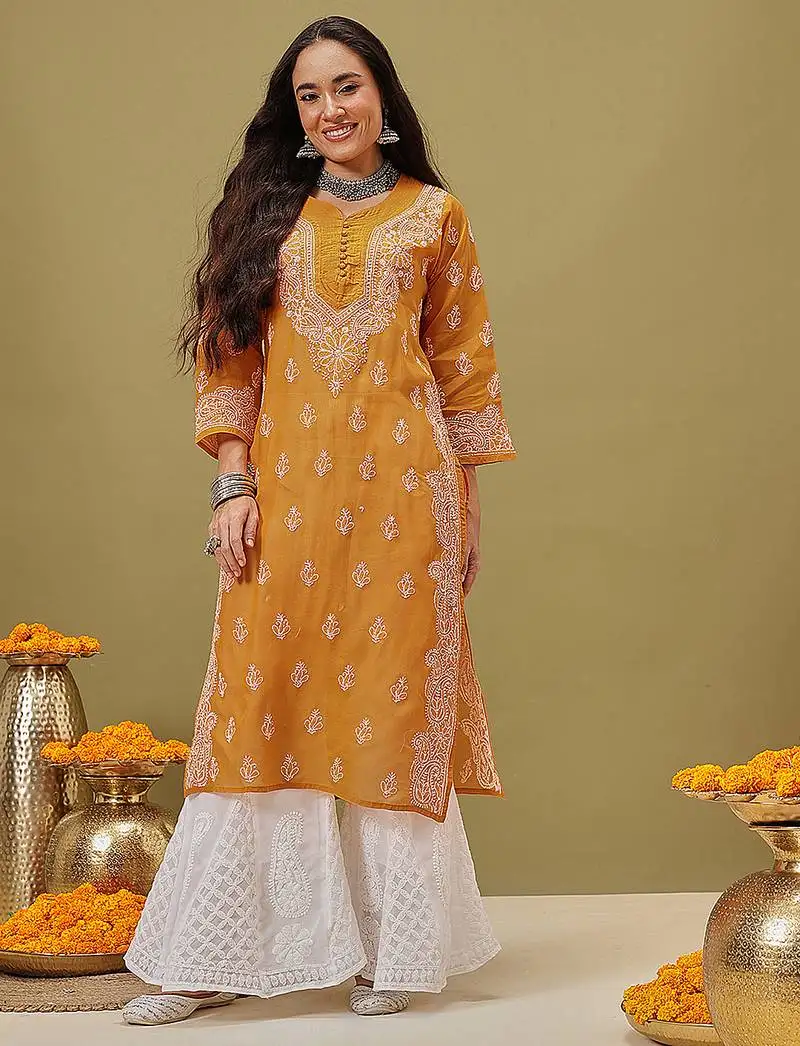 Hand embroidered mustard cotton lucknowi chikankari straight kurta