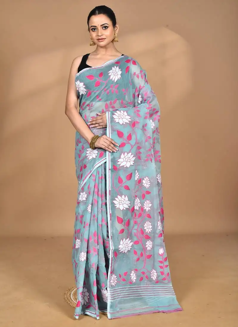 Blue cotton dhakai jamdani handloom saree with blouse