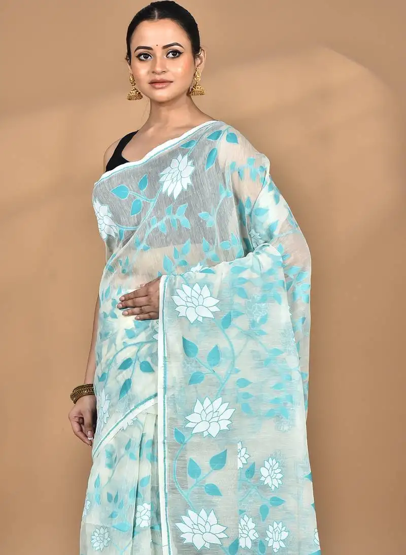 Beige cotton dhakai jamdani handloom saree with blouse