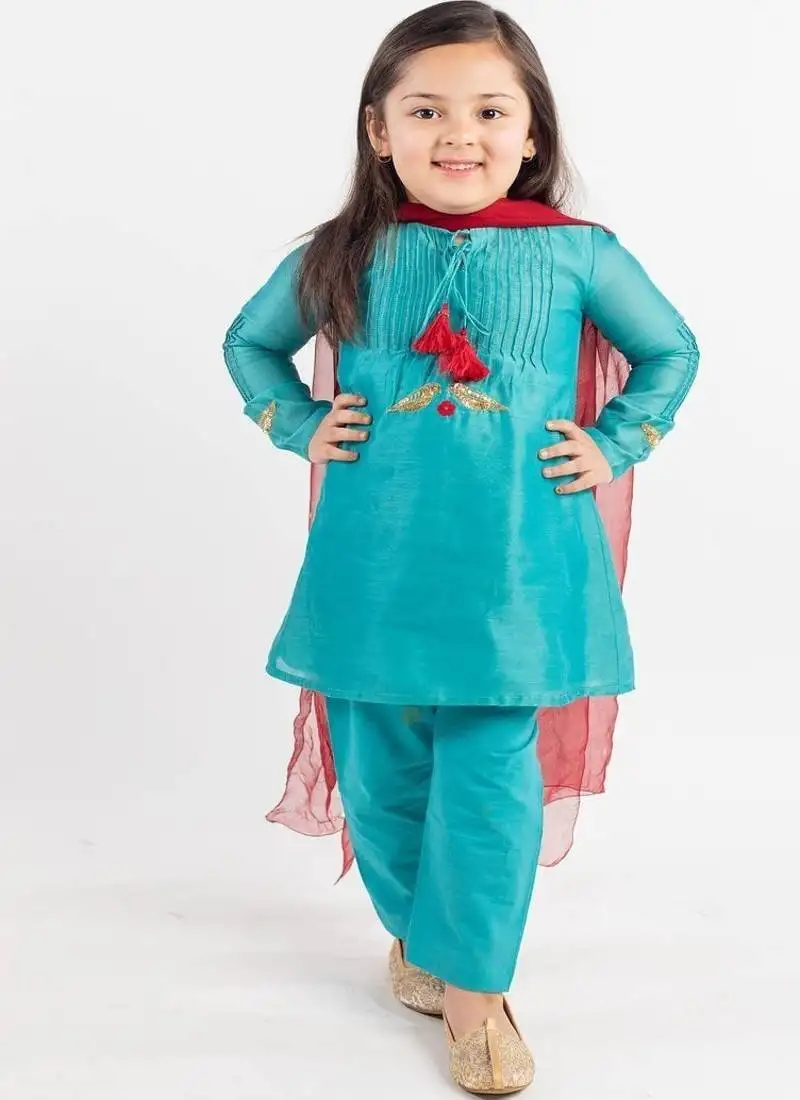 Teal plain cotton kurta set