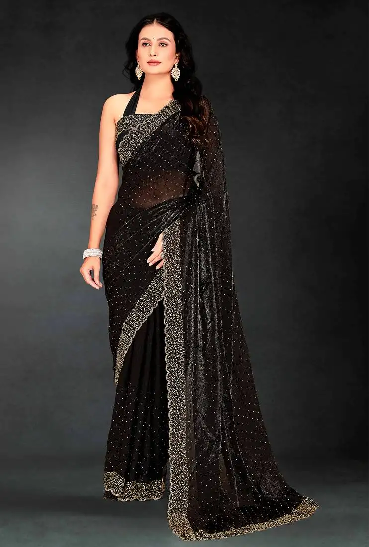 Black sequin embroidered work two tone silk saree sari