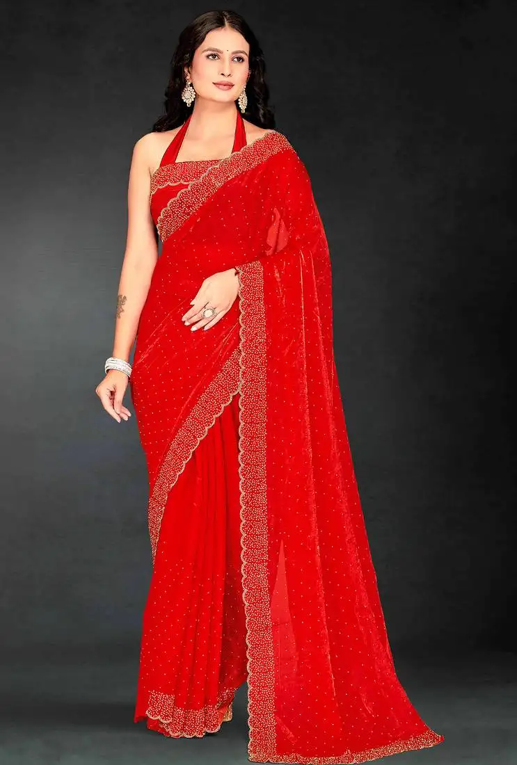 Red sequin embroidered work two tone silk saree sari