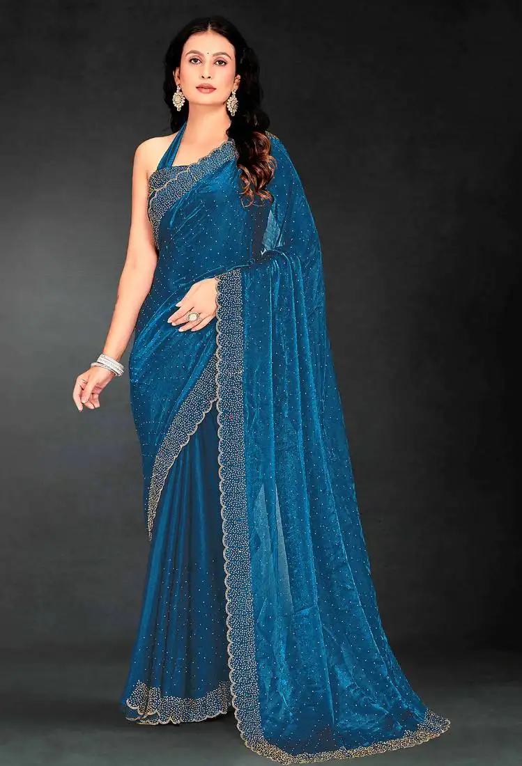 Teal blue sequin embroidered work two tone silk saree sari