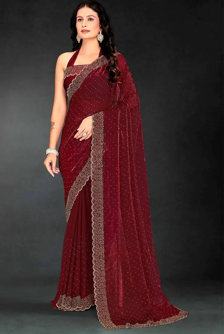 Maroon sequin embroidered work two tone silk saree sari