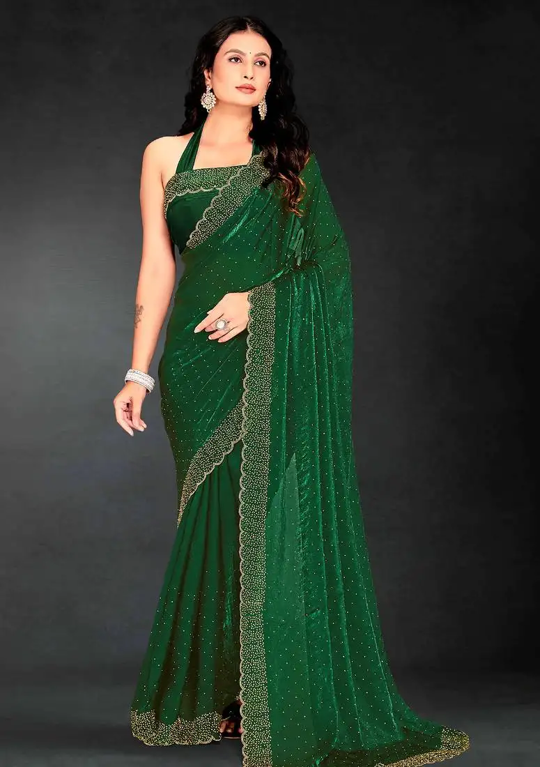 Dark green sequin embroidered work two tone silk saree sari