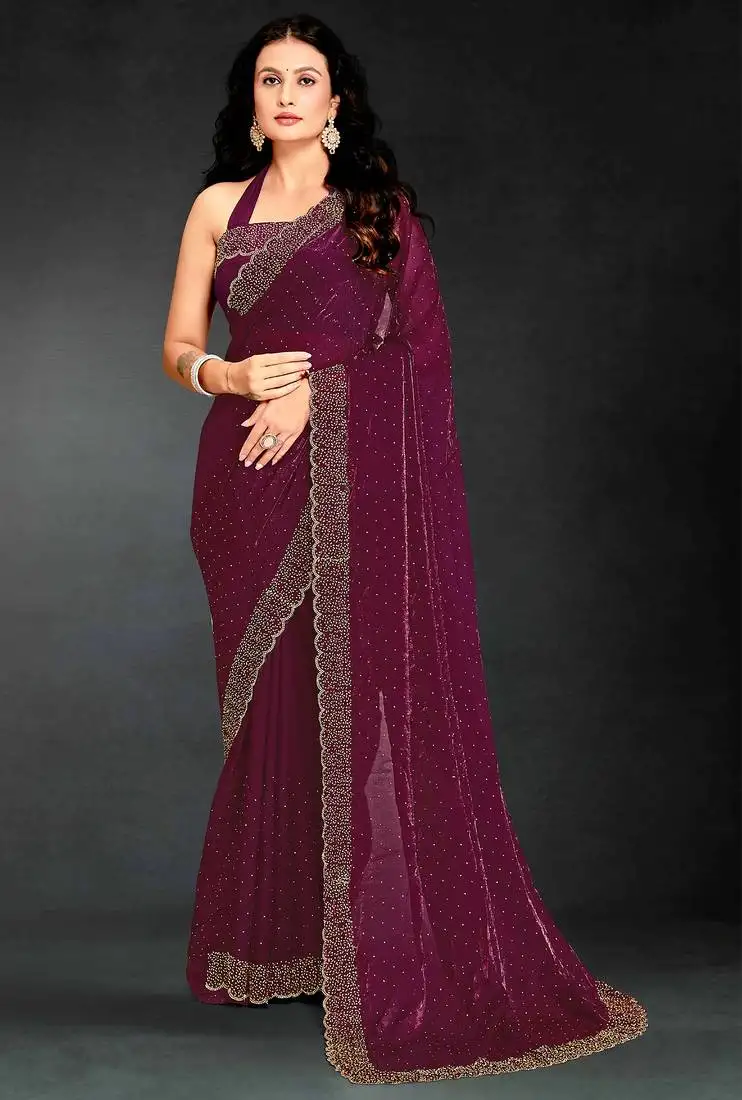 Purple sequin embroidered work two tone silk saree sari