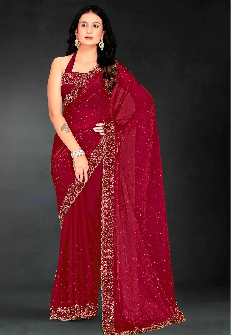 Magenta sequin embroidered work two tone silk saree sari