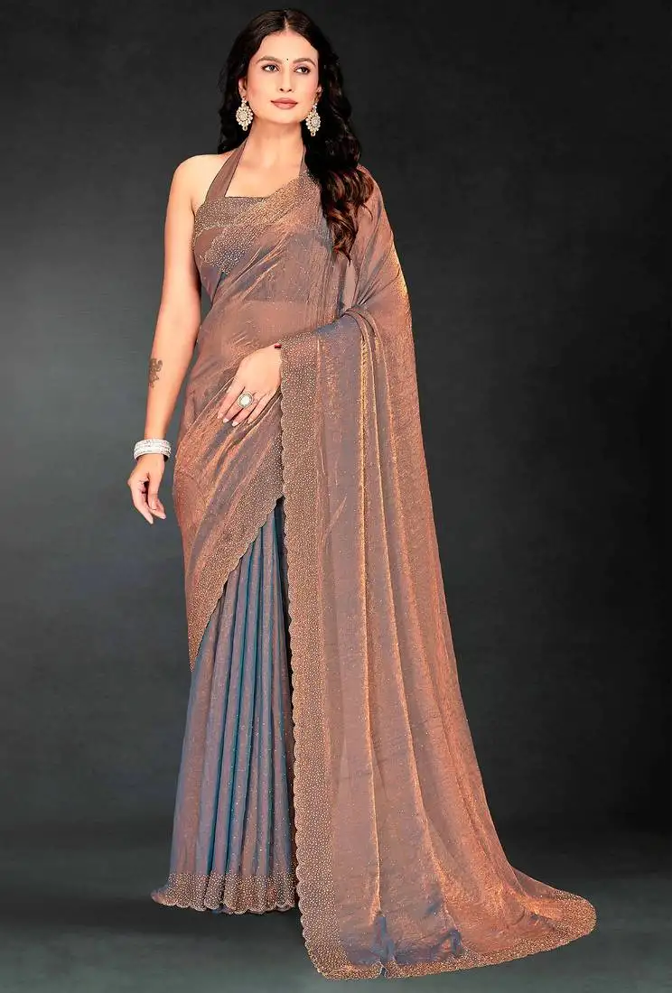 Grey sequin embroidered work two tone silk saree sari