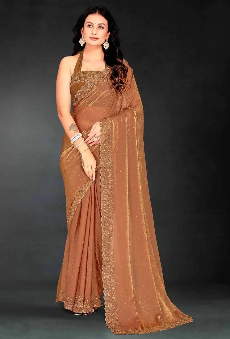 Brown sequin embroidered work two tone silk saree sari