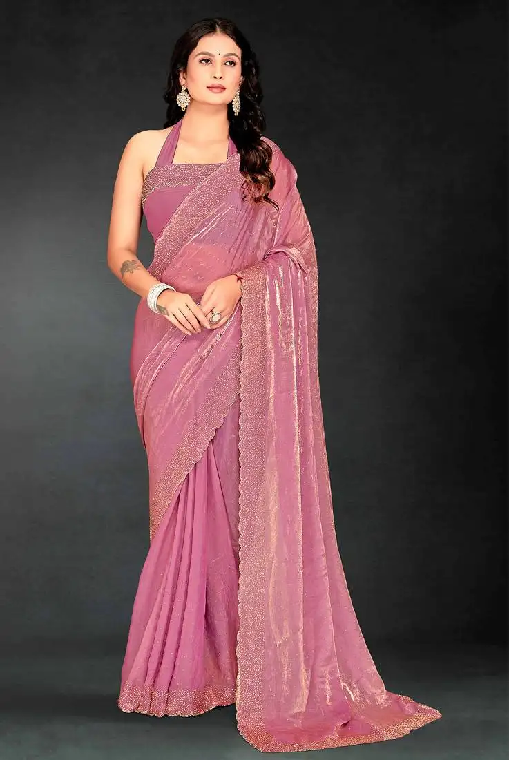 Pink sequin embroidered work two tone silk saree sari