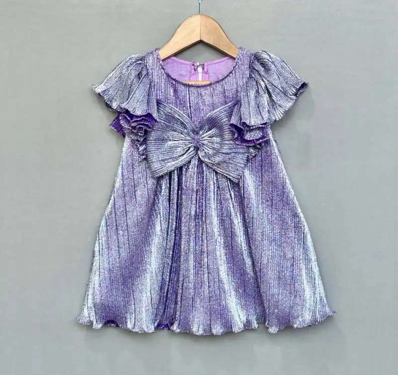 Metallic purple pleated party dress with oversized bow