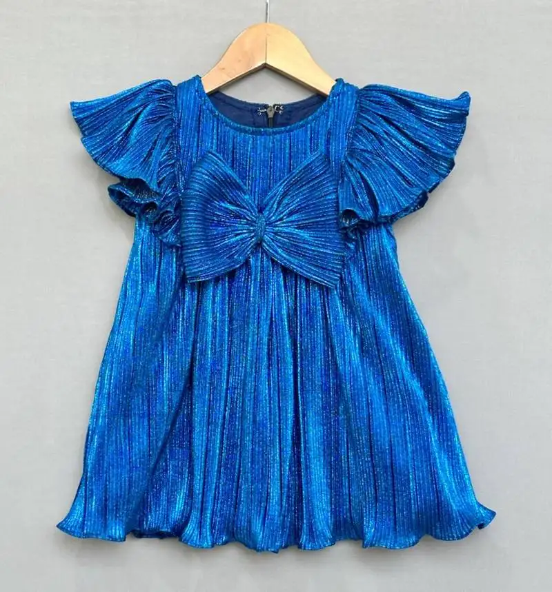 Royal blue pleated party dress with oversized bow