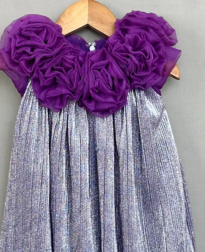 Metallic purple pleated party dress with 3d floral bodice