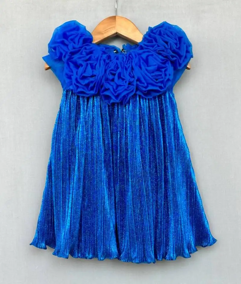 Royal blue pleated party dress with 3d floral bodice
