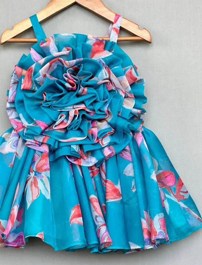 Turquoise floral organza dress with ruffle bodice