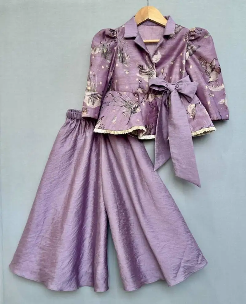 Lavender bird print peplum top with palazzo