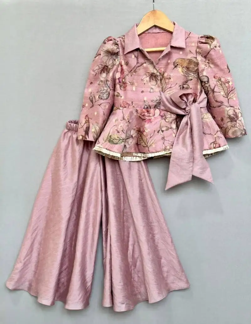 Dusty rose floral and bird print peplum top with palazzo