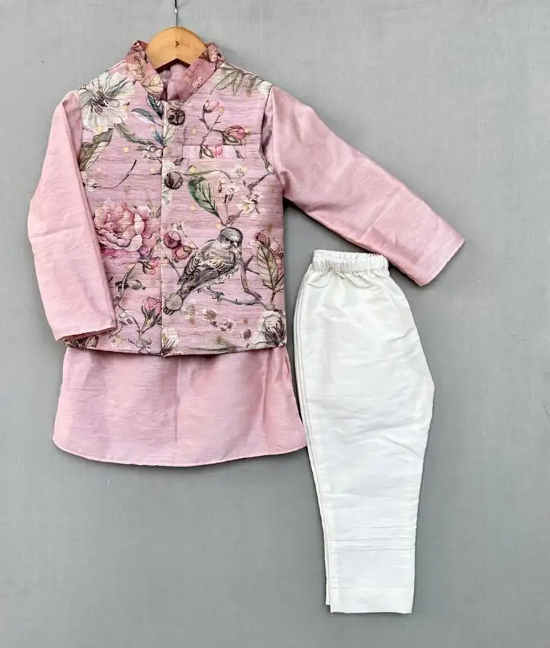 Pastel pink floral nehru jacket set with pants