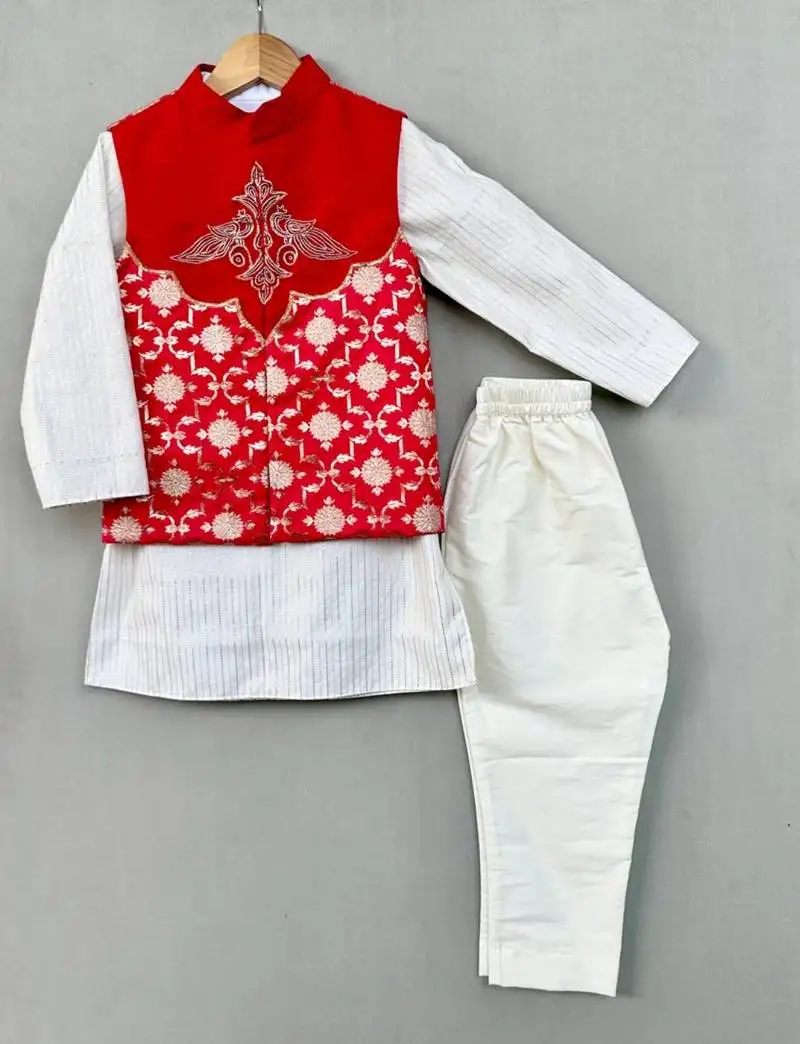Embroidered nehru jacket in brocade with kurta and pants