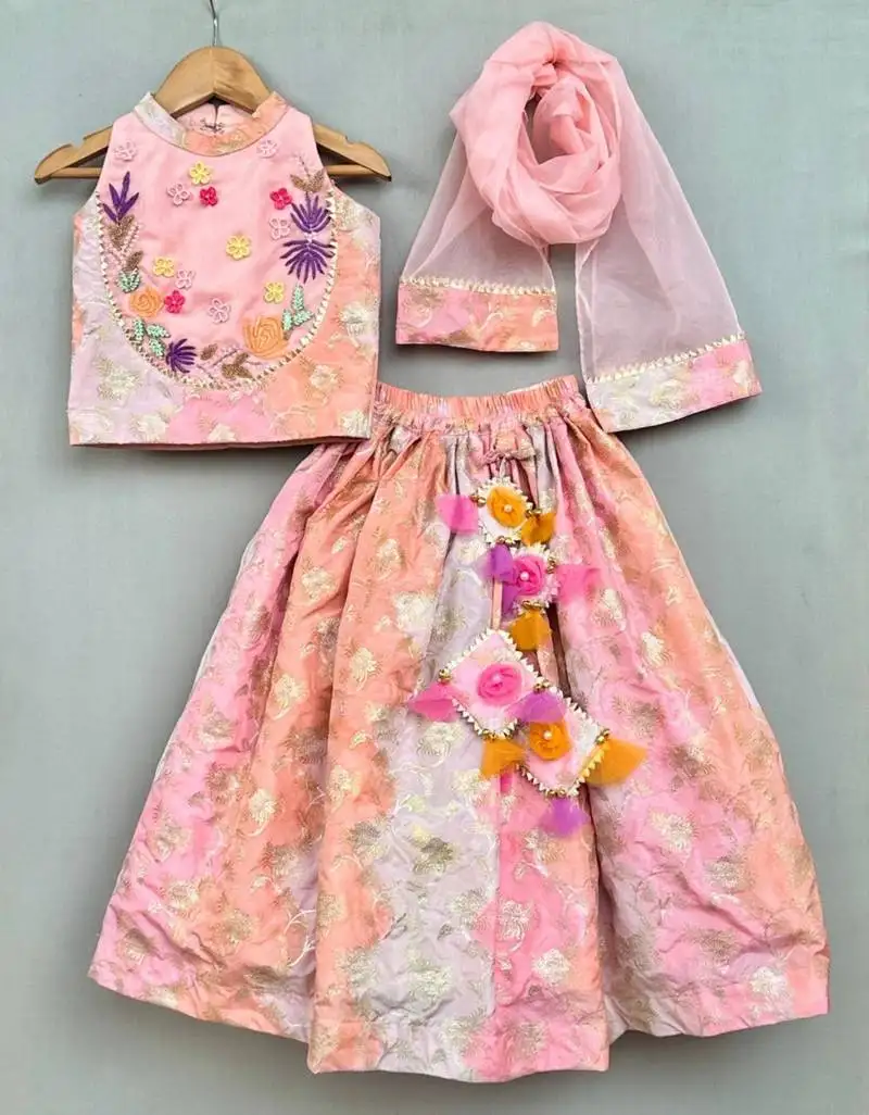 Pastel pink floral hand- embroidered lehenga set with dupatta