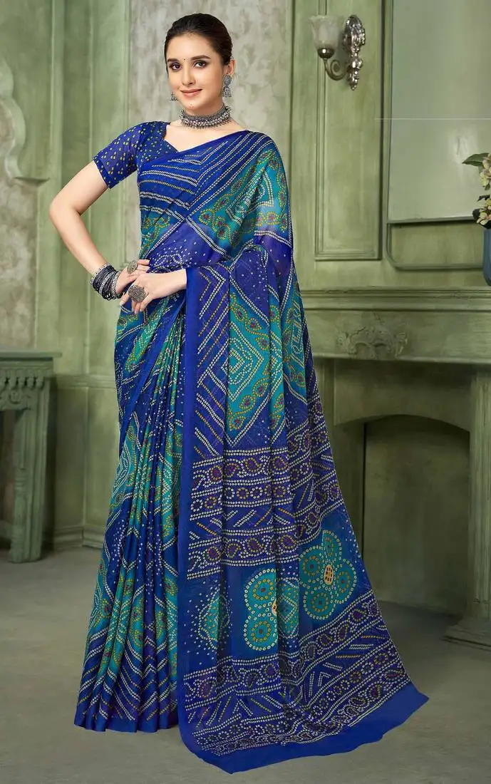 Blue green chiffon bandhani double shaded printed saree with blouse