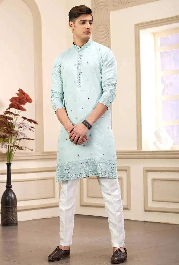 Men's pista green straight kurta with computer thread work on art silk and with lining