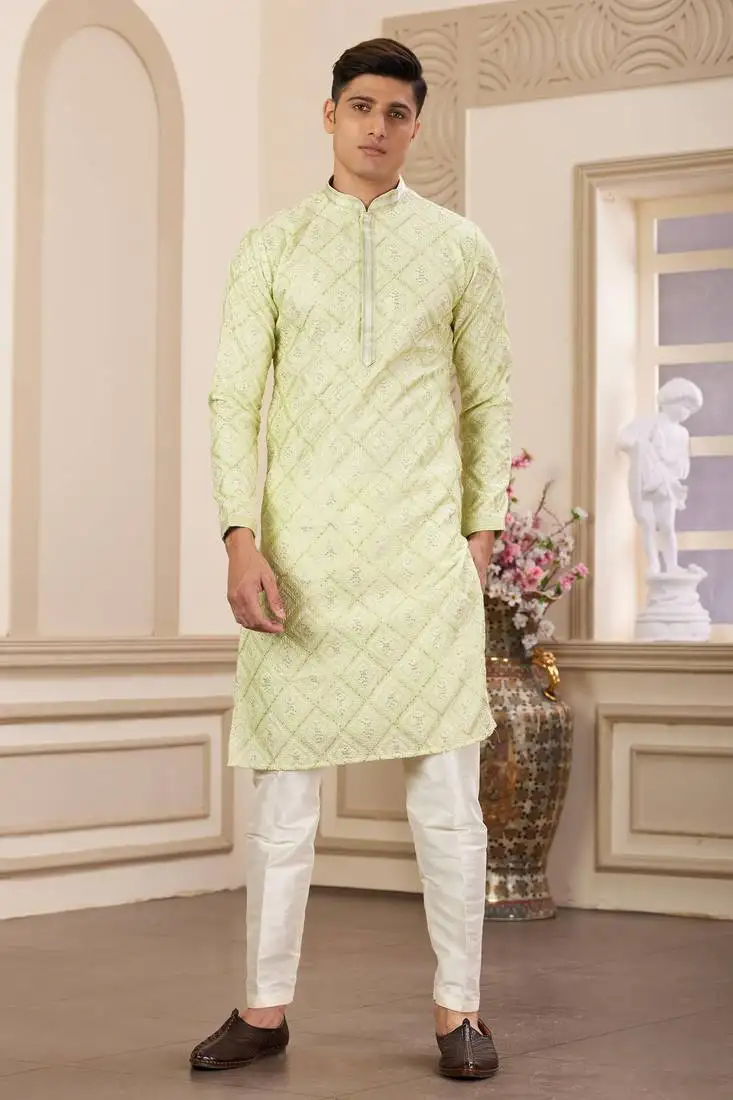 Men's green computer thread work on art silk straight kurta with with lining
