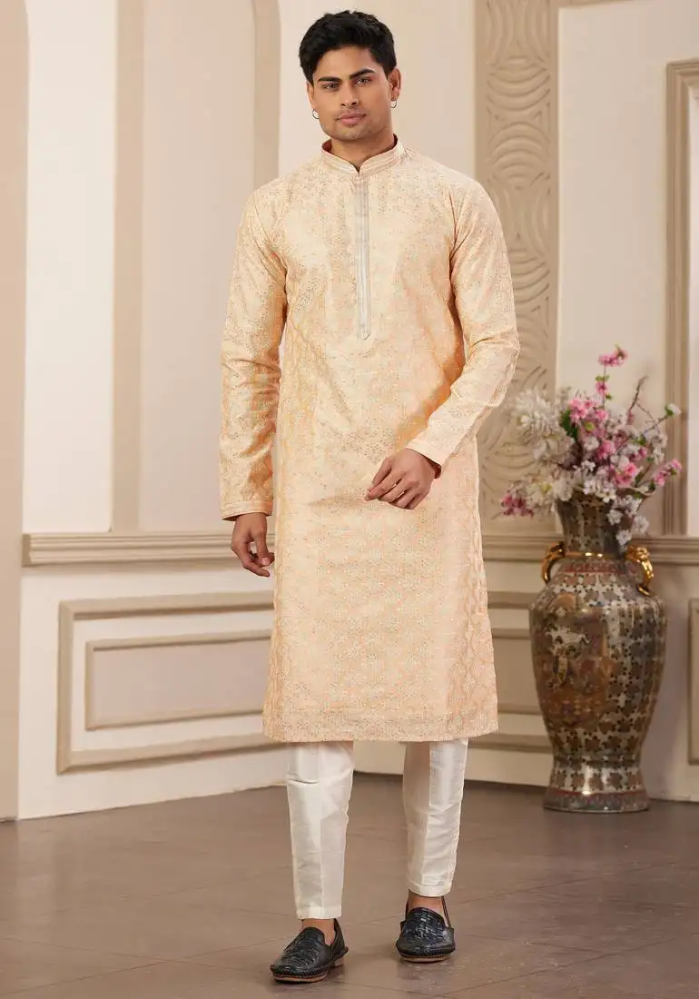 Men's peach computer thread work on art silk straight kurta with with lining
