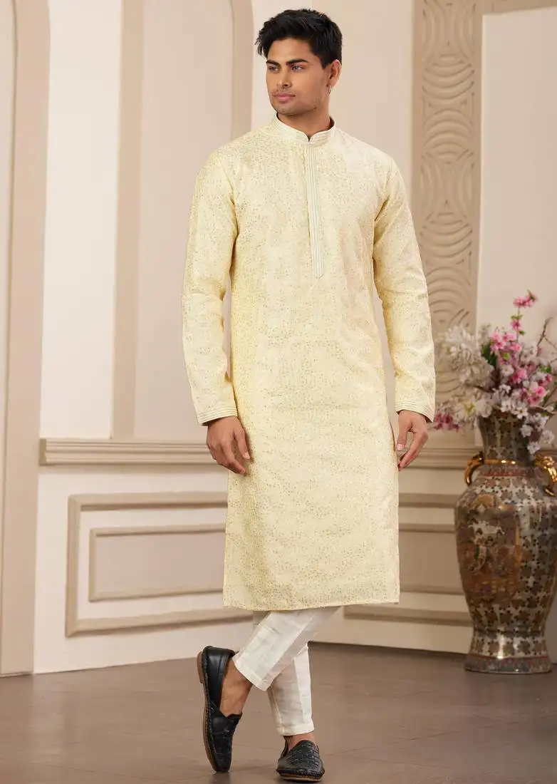 Men's yellow computer thread work on art silk straight kurta with with lining