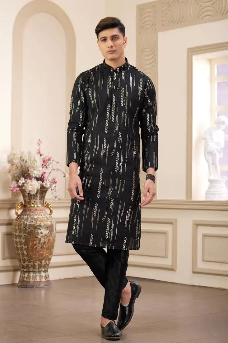 Men's black computer thread work on art silk straight kurta with with lining