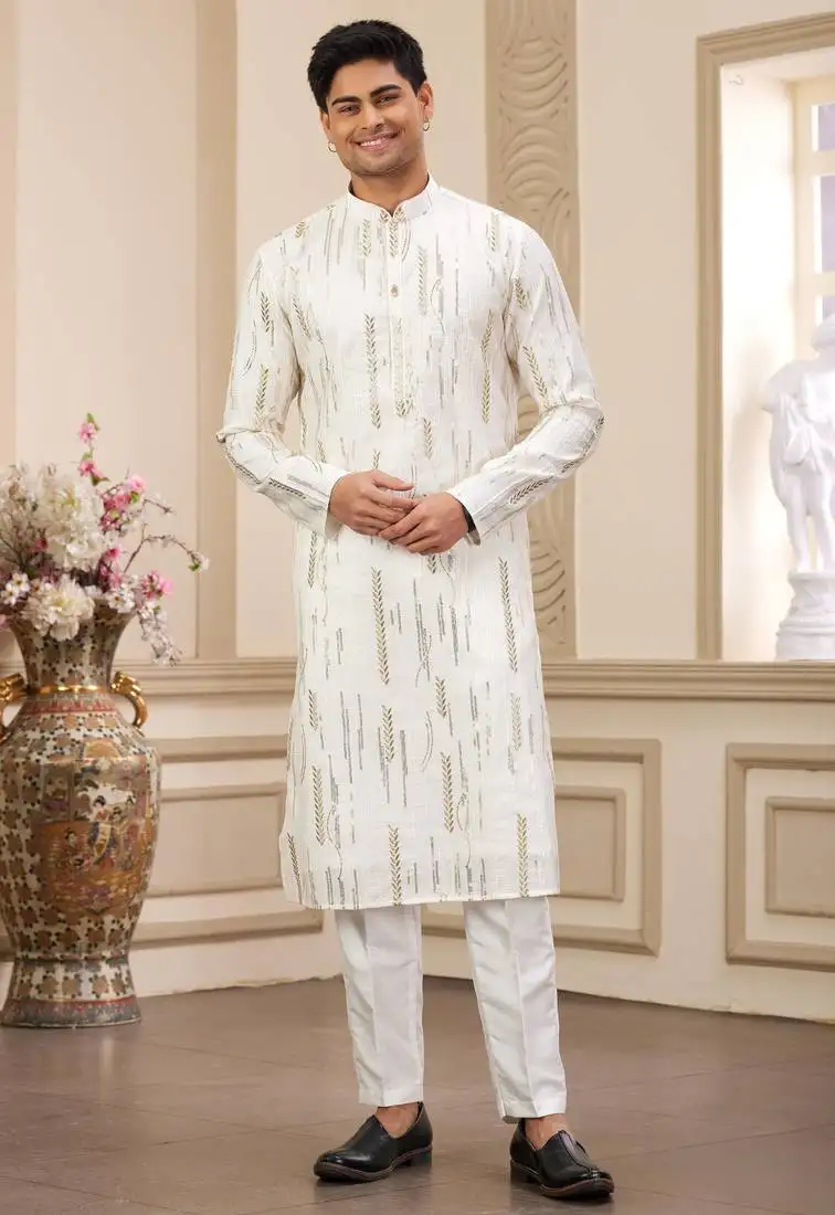Men's cream computer thread work on art silk straight kurta with with lining