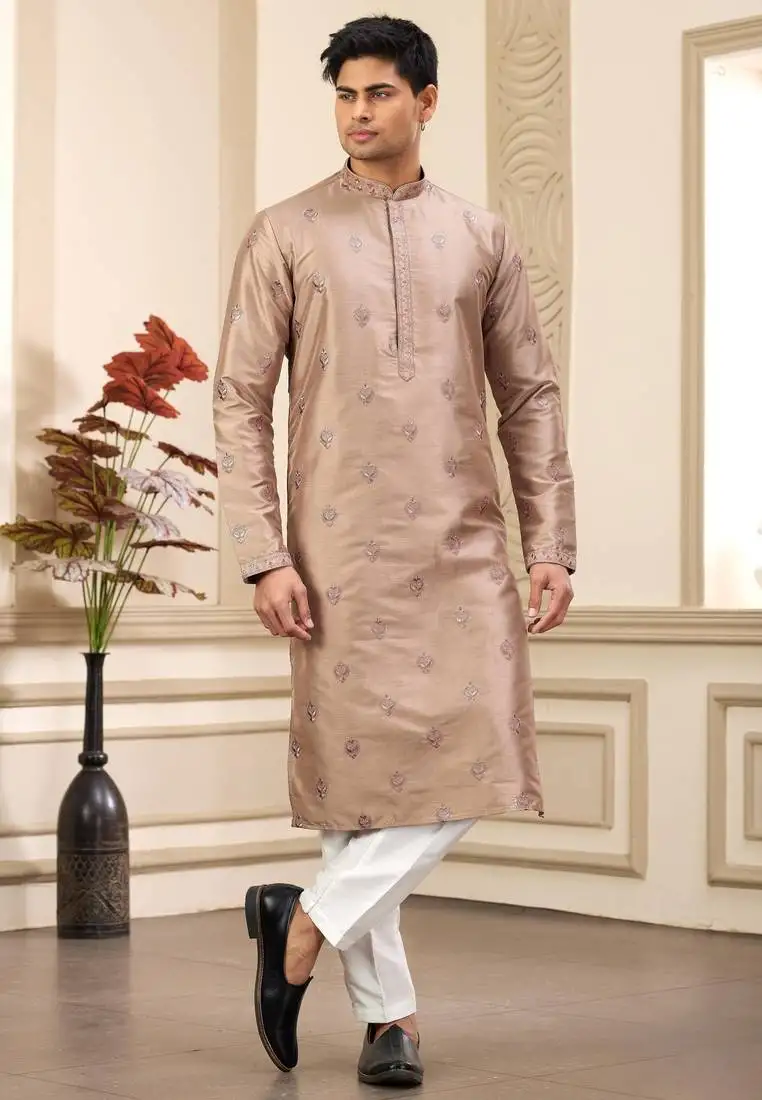 Men's brown computer thread work on art silk straight kurta with with lining