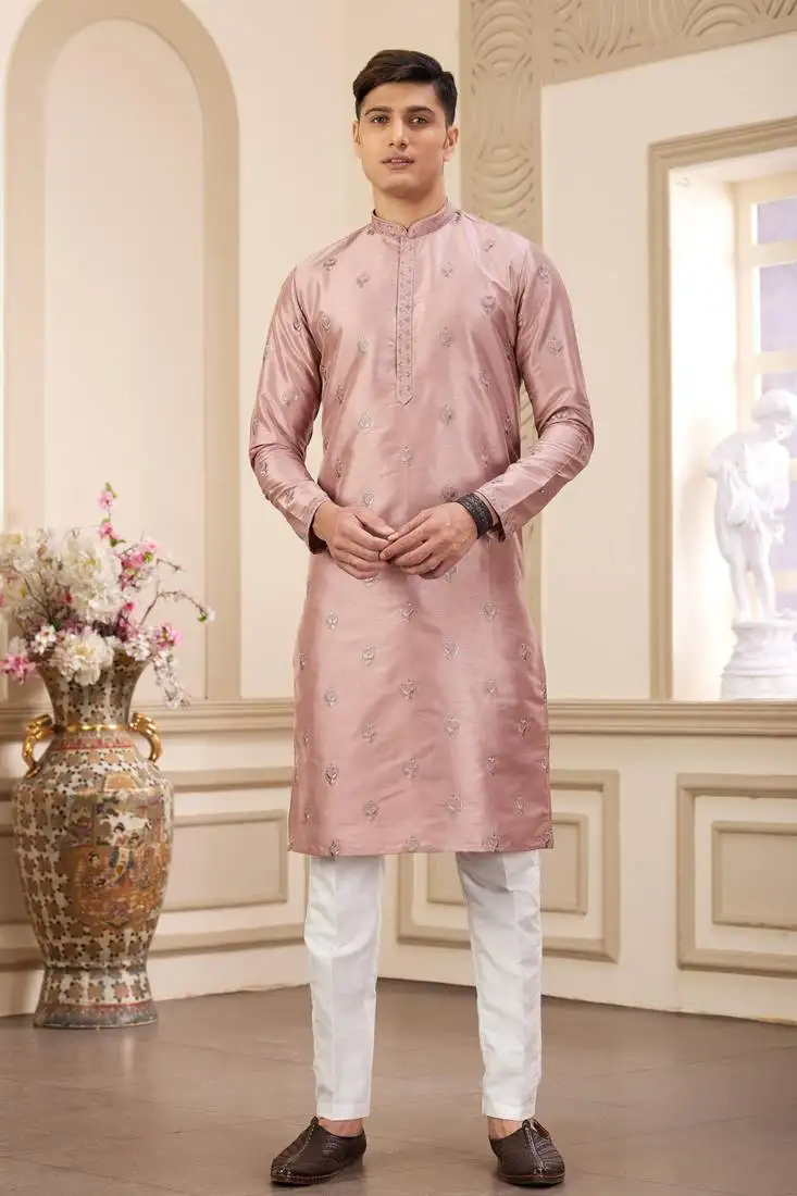Men's pink computer thread work on art silk straight kurta with with lining