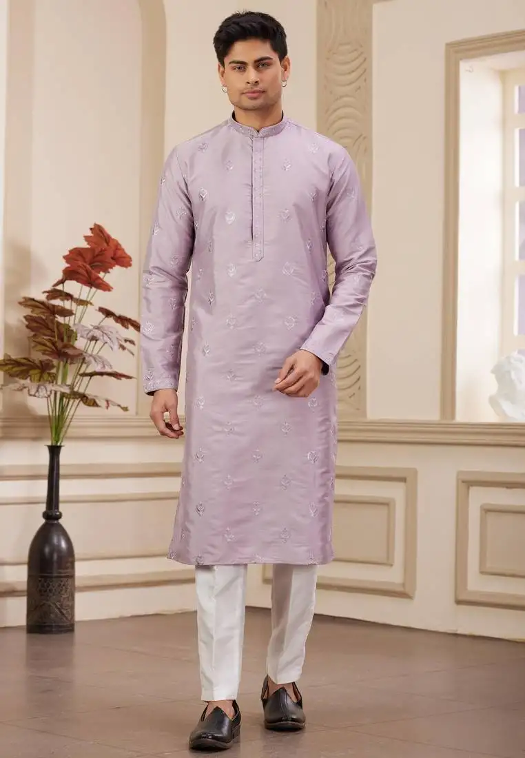 Men's light purple computer thread work on art silk straight kurta with with lining