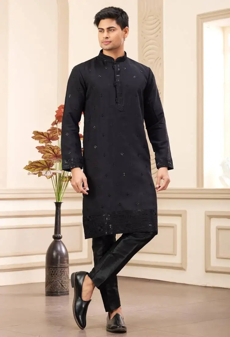 Men's black straight kurta with computer thread work on art silk and with lining