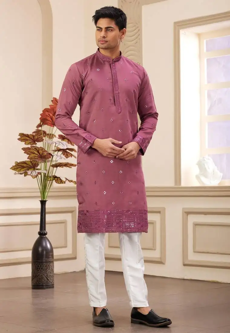 Men's maroon straight kurta with computer thread work on art silk and with lining