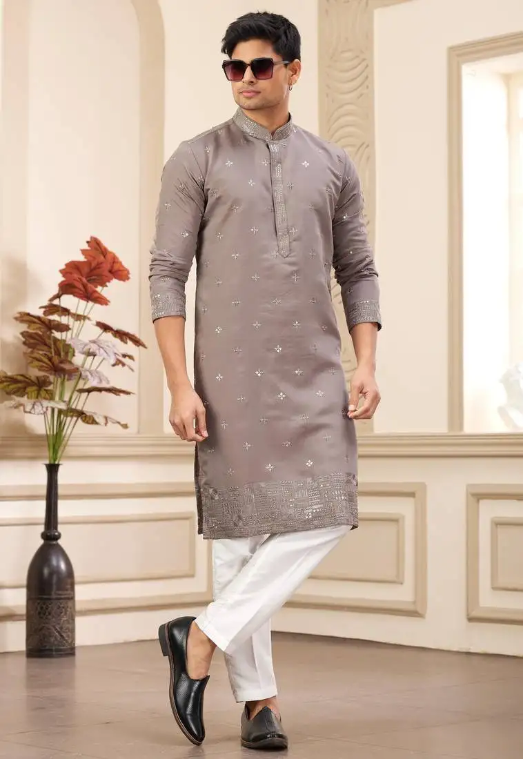 Men's brown straight kurta with computer thread work on art silk and with lining